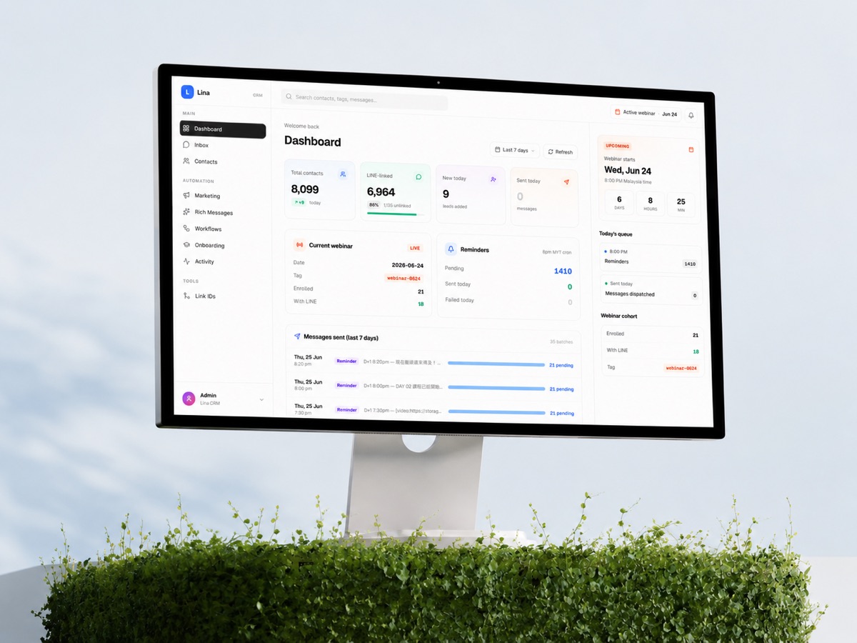 Webinar automation and lead engine dashboard shown on a desktop monitor